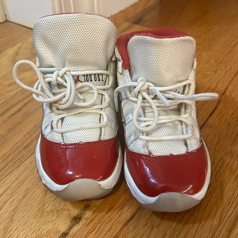 Red and white patent leather Jordans, Size 9C,